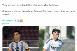 德天空：阿森纳关注19岁中卫吉梅内斯、18岁中卫巴尔德佩尼亚斯